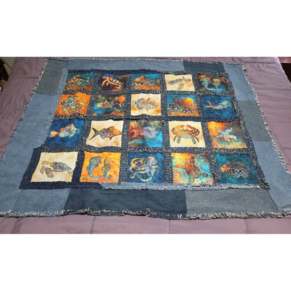 Handcrafted Denim Rag Quilt Nautical Sea Life Turtles Octopus Throw Blanket